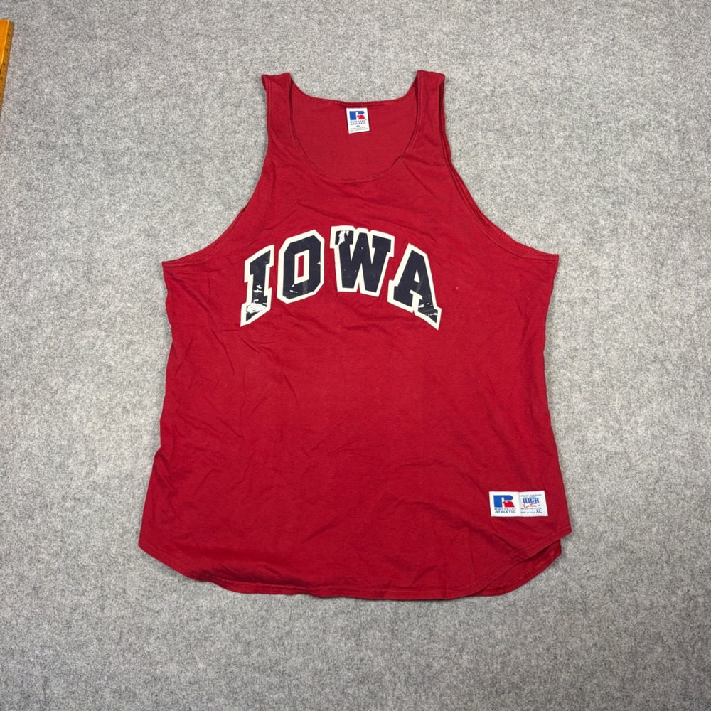 Vintage Russell Athletic Iowa Tank Top Mens XL Red Sleeveless USA Distressed